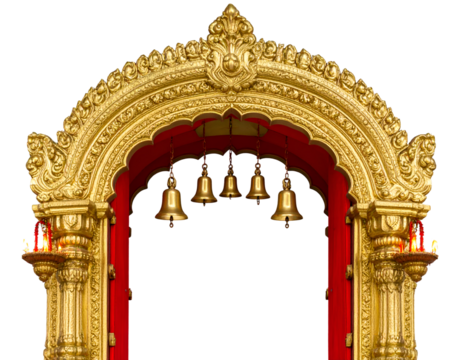 Mataji temple entrance archway with golden bells, diya lamps glowing on both sides
