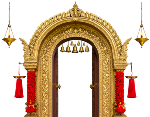 Mataji temple entrance archway with golden bells, diya lamps glowing on both sides