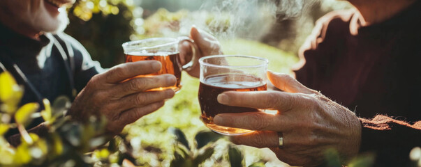 Happy Senior Couples Enjoying Drinks Outdoors Together