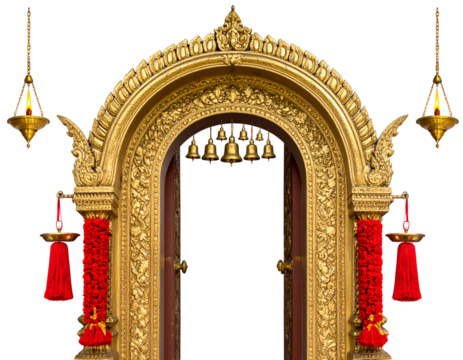 Mataji temple entrance archway with golden bells, diya lamps glowing on both sides