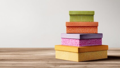 Stacked colorful gift boxes on a wooden surface (1)