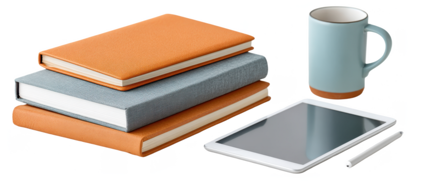 A stack of notebooks in various colors next to a tablet and a mug, creating a modern, organized workspace setting.