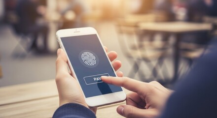 Person using smartphone for secure digital payment with fingerprint recognition outdoor