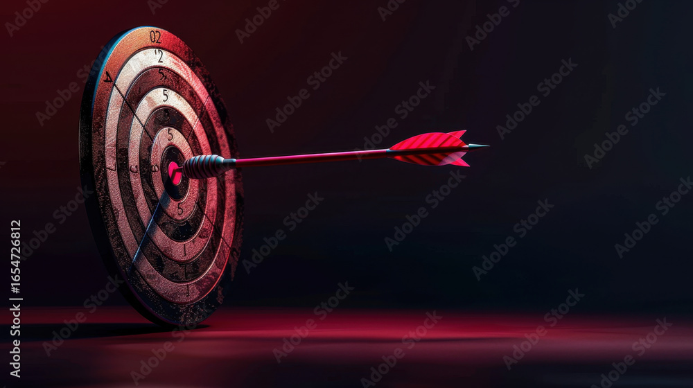 Poster close up view of dartboard with arrow striking bullseye, symbolizing precision and focus. dark backg