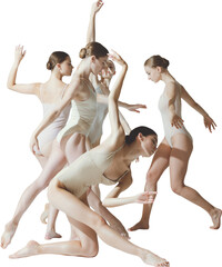 Expressive ballet ensemble in dynamic posture with emotion and dramatic gestures on transparent...