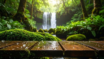 Fototapeta premium Ultra HD Mossy Wood with Dew Drops — Waterfall Background Nature Photography