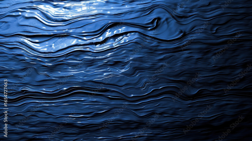 Poster smooth, flowing, dark blue waves create serene and calming atmosphere, reminiscent of deep ocean wat