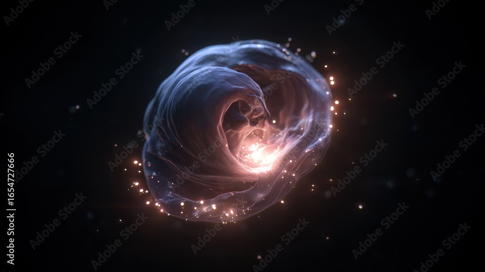 Aufkleber medical animation showing a fetus glowing inside a womb, surrounded by floating particles and light 