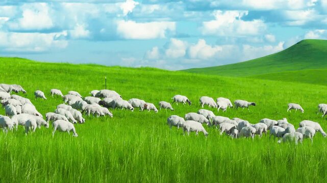 Sheep Grazing in a Vast Green Landscape