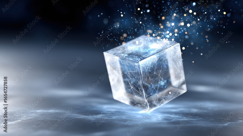 Poster a glowing ice cube surrounded by sparkling particles, creating a mystical and ethereal atmosphere.