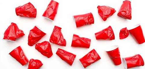 Several crumpled red plastic cups, isolated on white, environment, eco