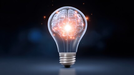 A light bulb with a glowing brain inside, symbolizing creativity and innovation in ideas and thinking.
