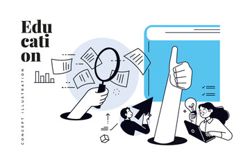 Seeking knowledge. Vector creative illustration for web banner, social media, business presentation, marketing material. Distance education, online learning.