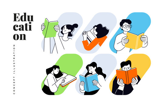 Bookstore and library. Vector creative illustration for web banner, social media, business presentation, marketing material.