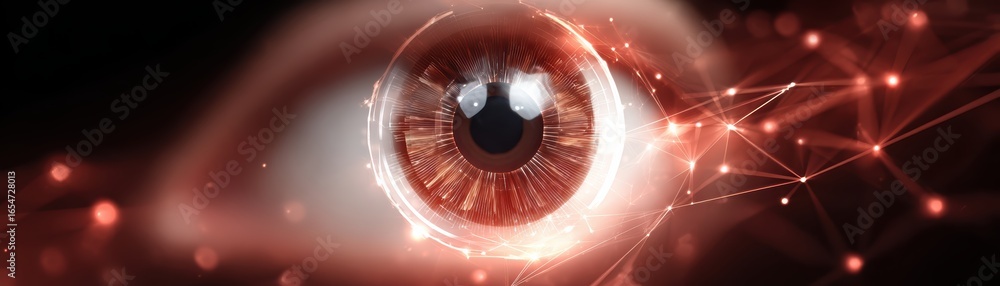 Poster a close-up view of a human eye with a digital, futuristic design, showcasing intricate patterns and 