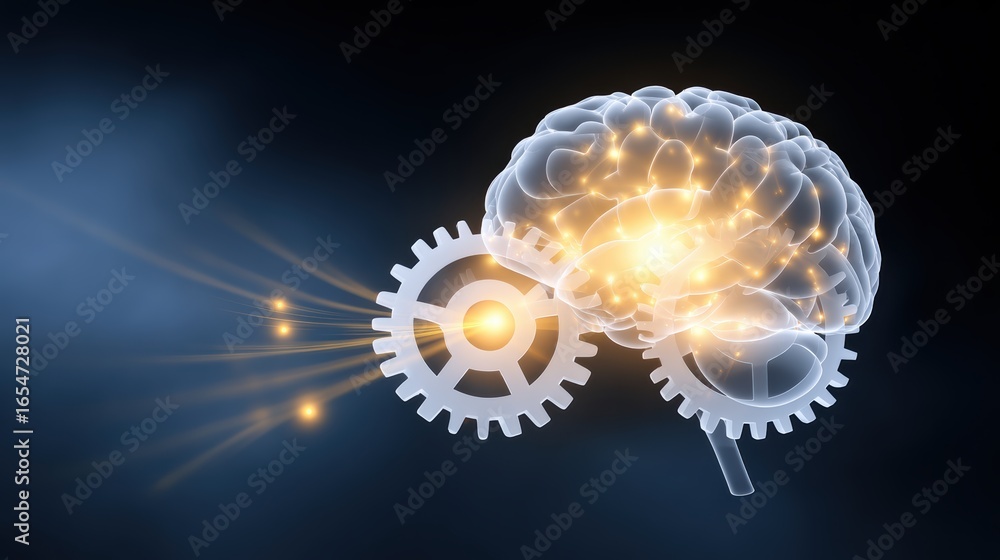 Poster a futuristic representation of a brain connected to gears, symbolizing the interplay between thought