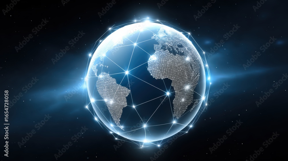 Poster a digital representation of earth, interconnected with glowing lines, illustrating global connectivi