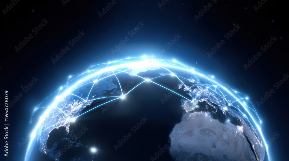 Poster a digital representation of earth showcasing interconnected networks, symbolizing global communicati