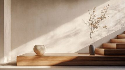 Minimal Zen Platform with Vase and Wooden Bowl