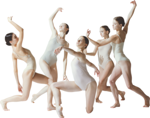 Female ballet performers in leotards expressing balance beauty and strength on transparent background. Concept of wellness, fashion branding, lifestyle marketing, cultural aesthetics, and teamwork.