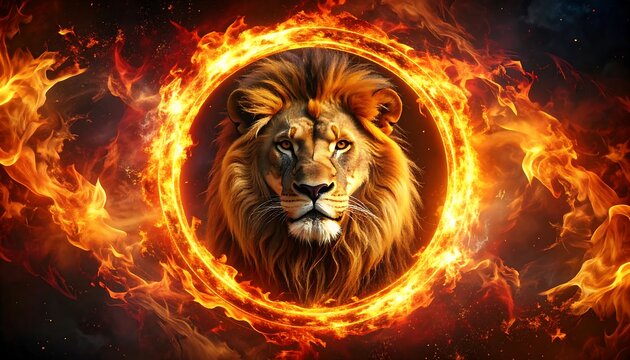 Powerful lion portrait framed by a fiery ring, showcasing intense colors and dramatic imagery. - Powered by Adobe
