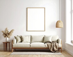 Minimalist Living Room Mockup: Beige Sofa, Pampas Grass, and Empty Frame