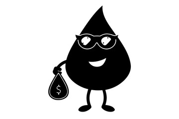 Fototapeta premium Vector art of cartoon oil drop character wearing glasses and holding a money bag isolated on white background