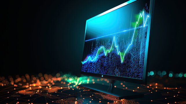 Modern computer monitor displays vibrant financial graph with fluctuating lines blue and green, symbolizing data analysis and market trends. background features network of glowing dots