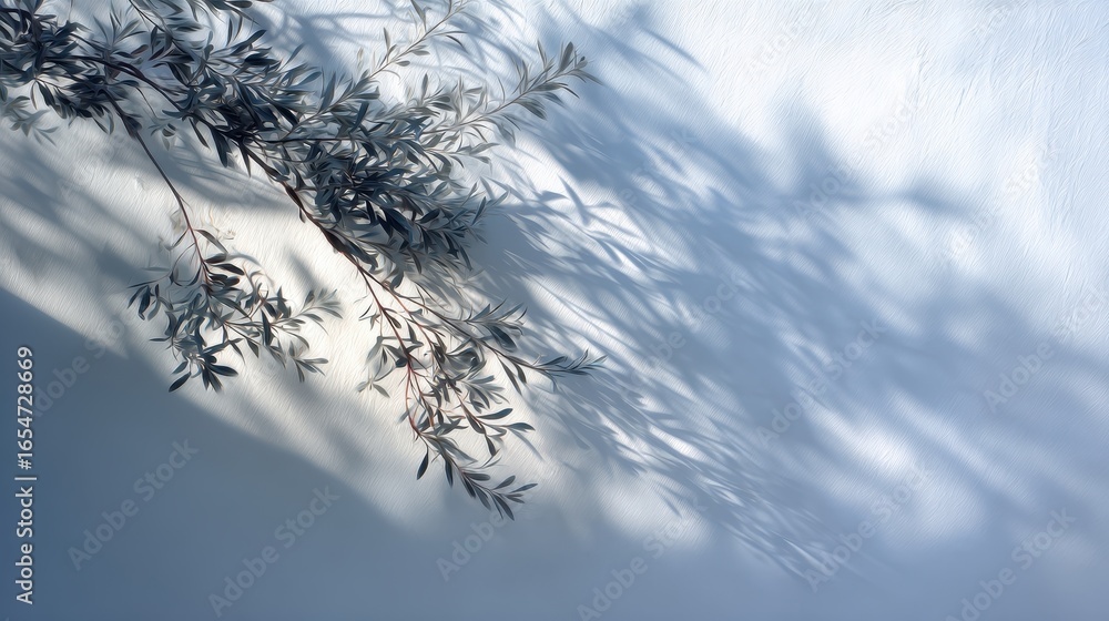 Aufkleber branch casting shadow on bright wall. background pattern for decoration, design use
