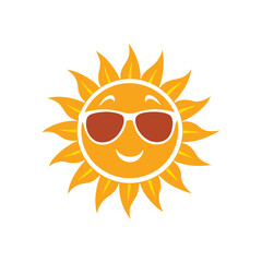 Cartoon sun wearing cool sunglasses and face smile, shining brightly against a clean white background, simple flat style for summer print design, t-shirt