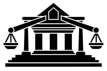 Illustration of a courthouse with scales of justice, symbolizing the legal system and the balance of law, isolated on white background