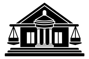 Vector art of courthouse icon with scales of justice isolated on white background, representing law, legal system, and government authority