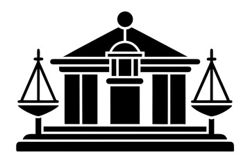 Vector art of courthouse icon with scales of justice isolated on white background, representing law, legal system, and government authority