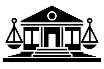 Vector art of representation of a courthouse with scales of justice, symbolizing the administration of law and justice, isolated on white background