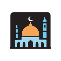 Flat Style Detailed Mosque Building with Crescent Moon Islamic Symbol