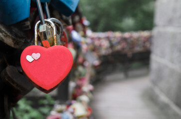 Close ups of love locks with copy space at Namsan Tower in Seoul