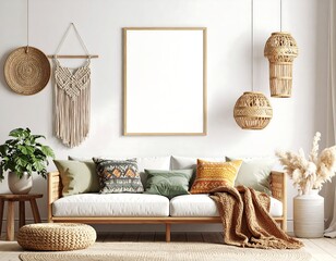 Bohemian Chic Living Room Mockup:  Neutral Tones & Woven Textures
