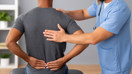 Physiotherapist treating low back pain clinic setting close-up professional environment patient care