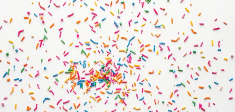 Vibrant rainbow sprinkles scattered artfully on pristine white background,  confectionery,  food - Powered by Adobe