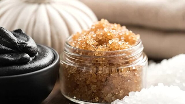 Still life with brown sugar in a glass jar black paste in a bowl  white crystals set against a backdrop of soft white textures