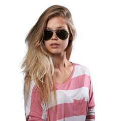 Stylish Woman in Sunglasses with Casual Striped Shirt