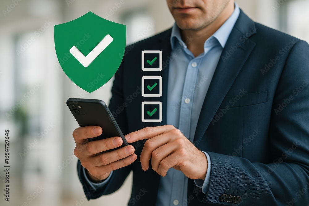 Poster secure mobile verification: a sharp-dressed businessperson, engrossed in mobile device, interacts wi