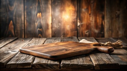 Rustic Wooden Cutting Board on Weathered Tabletop with Warm Lighting, Ideal for Culinary or Food-Related Presentations