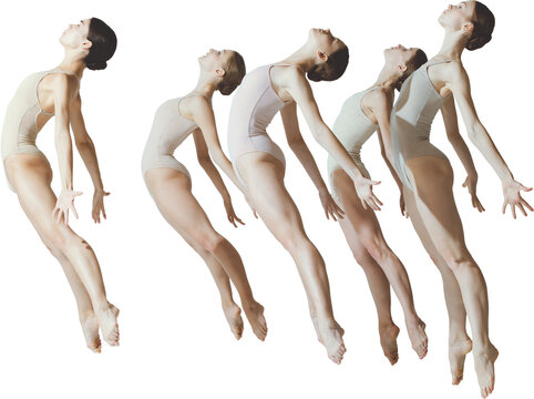 Line of ballet dancers captured in elegant mid-air jump with expressive emotion on transparent background. Concept of movement, synchronization, artistic performance, and powerful group choreography.