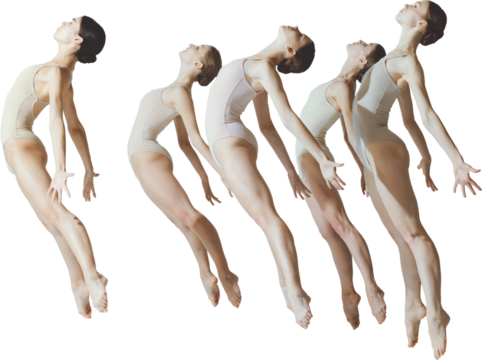 Line of ballet dancers captured in elegant mid-air jump with expressive emotion on transparent background. Concept of movement, synchronization, artistic performance, and powerful group choreography.