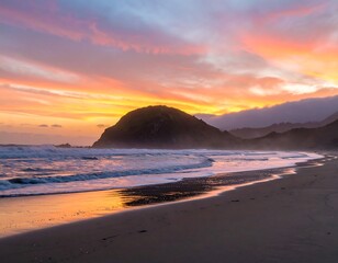 Fototapeta premium Spectacular golden sunrise illuminating the sky over Pacific ocean beach