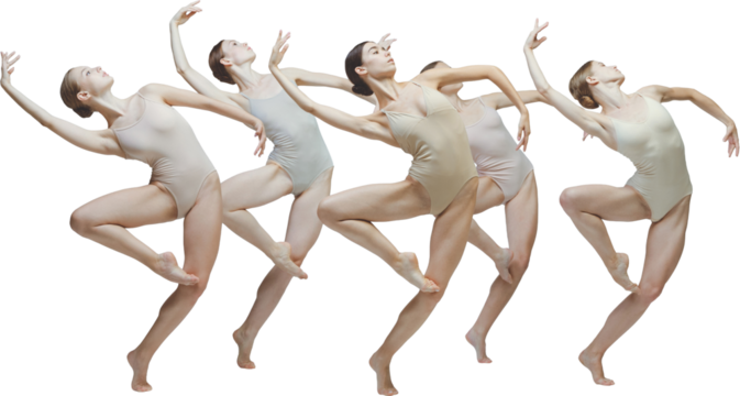 Ballet dancers in expressive dramatic pose with elevated arms and emotional intensity. Transparent background. Concept of stage performance, creativity, emotional movement, and artistic collaboration