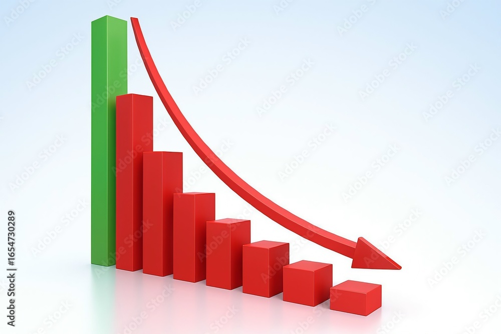 Poster 3d bar chart showing a steep decline with a red arrow indicating negative trend