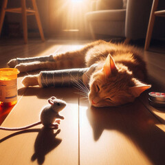A recovering orange cat stretched out in a sunbeam on a wooden floor, weakly batting at a toy mouse. Medicine bottles and a half-eaten treat sit nearby, golden morning light symbolizing hope