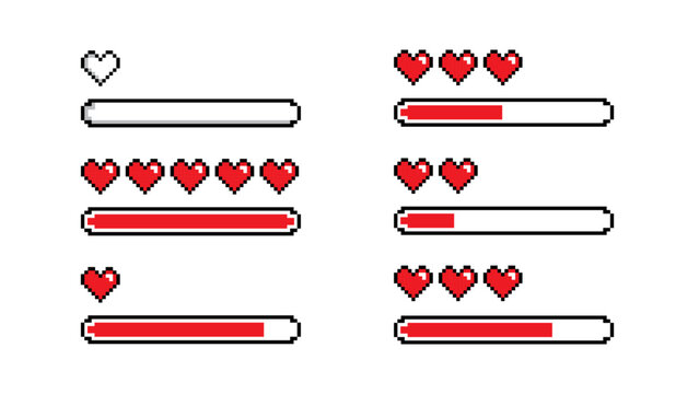 Game life pixel bar vector art 8 bit health heart bar gaming controller vector set